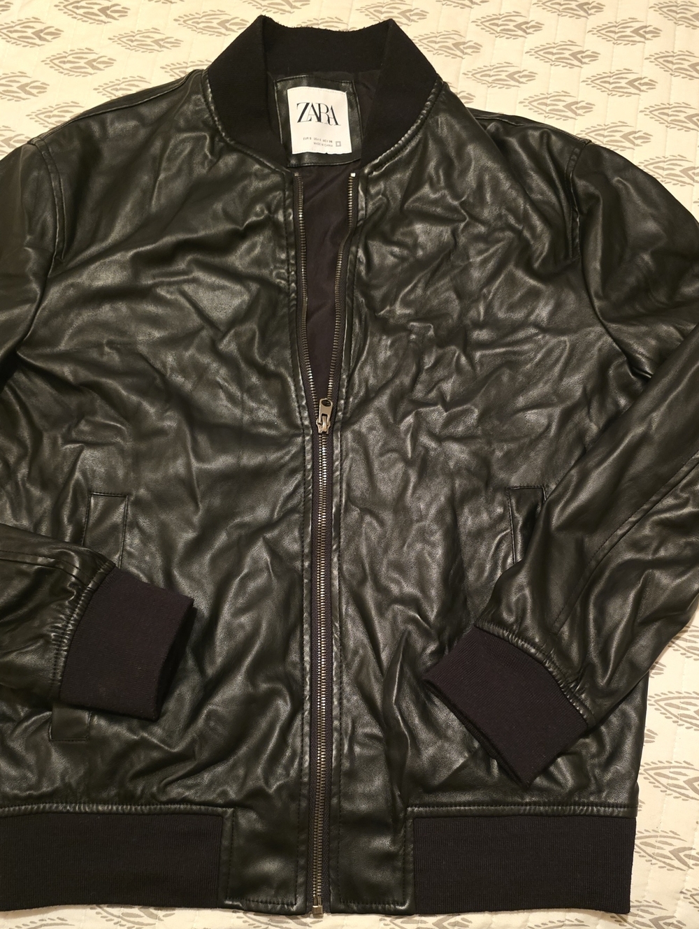 ZARA Black Leather Bomber Jacket with Ribbed Trim